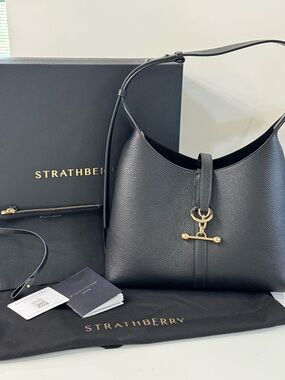 NWT Strathberry Kite Hobo Fine Grained Black Leather Shldr Bag w/ Gold Hardware